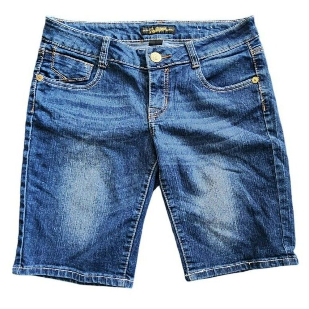 Southpole Jeans Co Women Medium Wash Denim Bermuda Shorts Embroidered Pockets 7‎